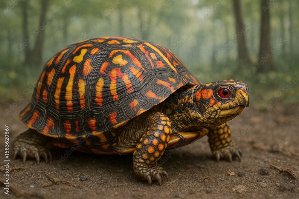 Poster a vibrant red-orange turtle with intricate black patterns cautiously navigates a forest floor, its g