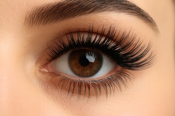 Obraz premium Close-up of a captivating brown eye with meticulously groomed eyelashes, showcasing natural beauty and elegance