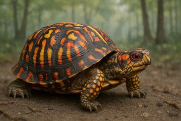 Obraz premium A vibrant red-orange turtle with intricate black patterns cautiously navigates a forest floor, its gaze fixed on the camera