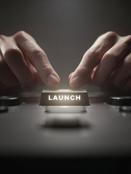 Hands pressing a glowing "LAUNCH" button on a control panel, symbolizing initiation or start of a process.
