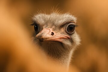 A close-up of an ostrich's gaze, peering through a textured backdrop