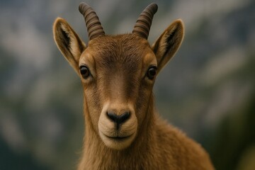 Close-up of a gazelle with distinctive horns, set against a blurred backdrop