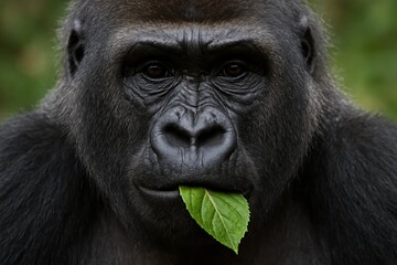 Obraz premium A gorilla takes a bite from a leaf in the heart of the forest