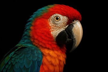 Obraz premium Portrait of a vibrant parrot with striking red and green feathers against a stark black background