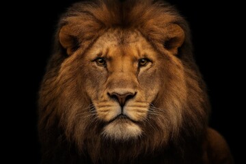 Fototapeta premium The unyielding gaze of a lion against a stark black backdrop