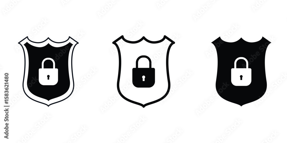 Poster set of minimalistic security icon featuring a padlock inside a shield, symbolizing protection and pr