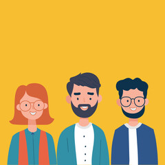 Fototapeta premium Three Young Adults with Glasses Smiling in Flat Vector Illustration