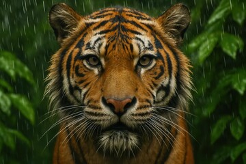 Fototapeta premium Amidst the rain, a tiger's gaze is unwavering, embodying the wild spirit of nature