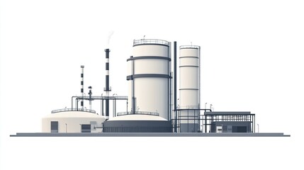 Industrial Complex with Storage Tanks and Smoke Stacks Against White Background