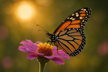 Fototapeta premium A Monarch Butterfly on a Daisy in the Glow of Nature's Sunrise