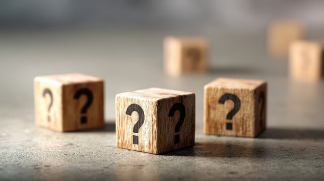 The wooden blocks featuring question marks suggesting curiosity and exploration themes.