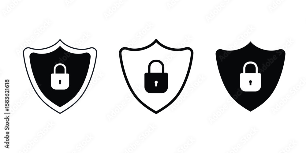 Poster set of minimalistic security icon featuring a padlock inside a shield, symbolizing protection and pr