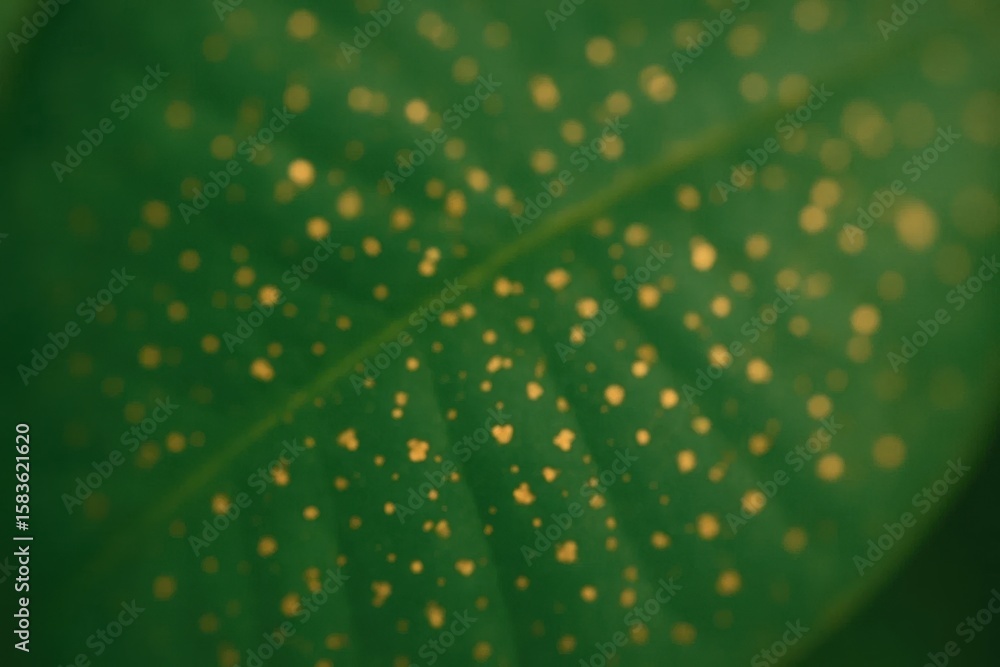 Poster a close-up of a lush green leaf adorned with small golden dots, creating a mesmerizing pattern that 