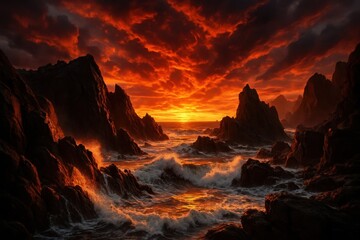 Fototapeta premium A fiery sunset over a stormy sea, casting a dramatic glow on the rugged coastline