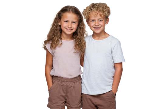 Smiling boy and girl standing together, looking at the camera, isolated on white background