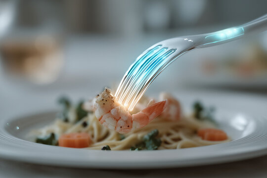 A futuristic smart fork analyzing the nutritional content of food in real-time.