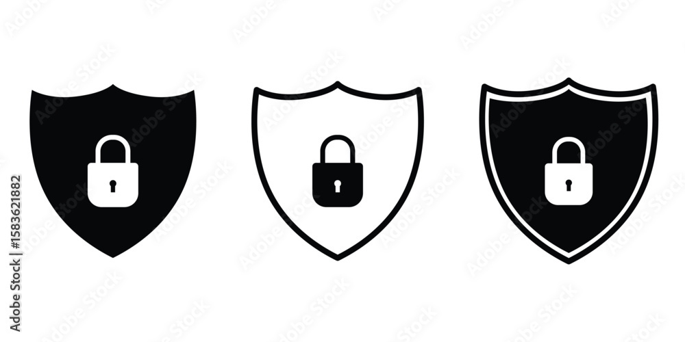 Poster set of minimalistic security icon featuring a padlock inside a shield, symbolizing protection and pr