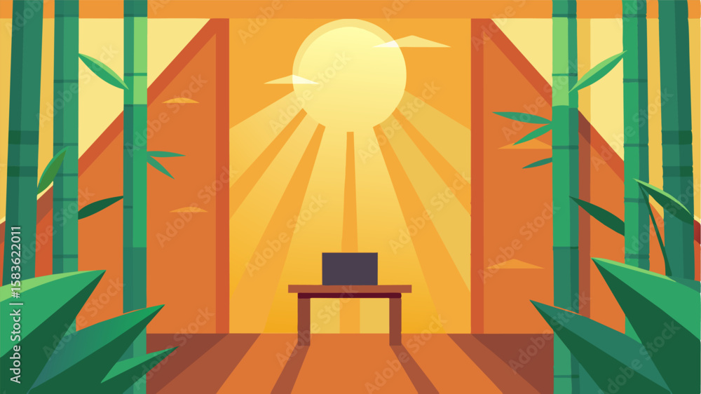 Poster the sun filters through the bamboo walls creating a warm and inviting atmosphere for virtual meeting
