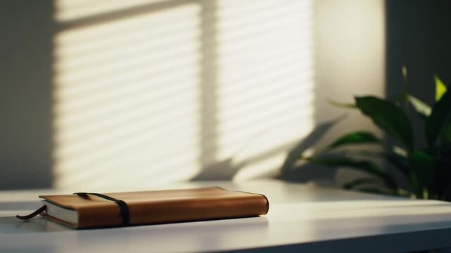 Tranquil Workspace A Leather Journal on a Bright Table with Sunlight Streaming Through Blinds, Offering Serenity and Inspiration