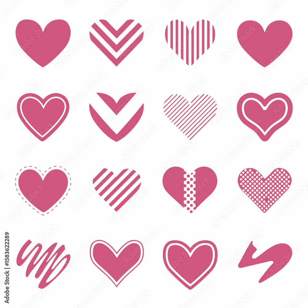 Aufkleber pink heart icon set with various patterns and outlines on white background