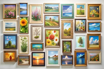 Gallery wall display of nature inspired paintings in various frames and styles