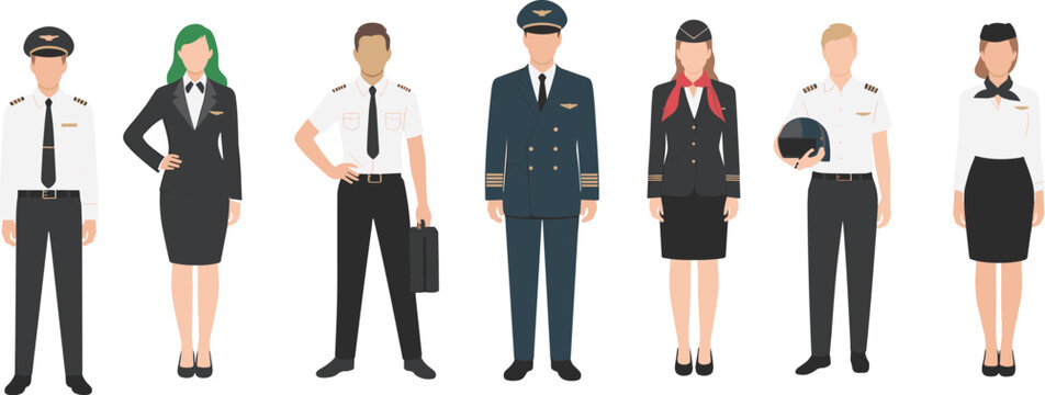 Group of professional airline crew including pilots and flight attendants in uniform standing confidently, aviation staff team on white background
