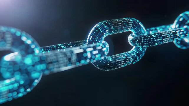 Blockchain technology concept, digital chain link with binary code, dark background