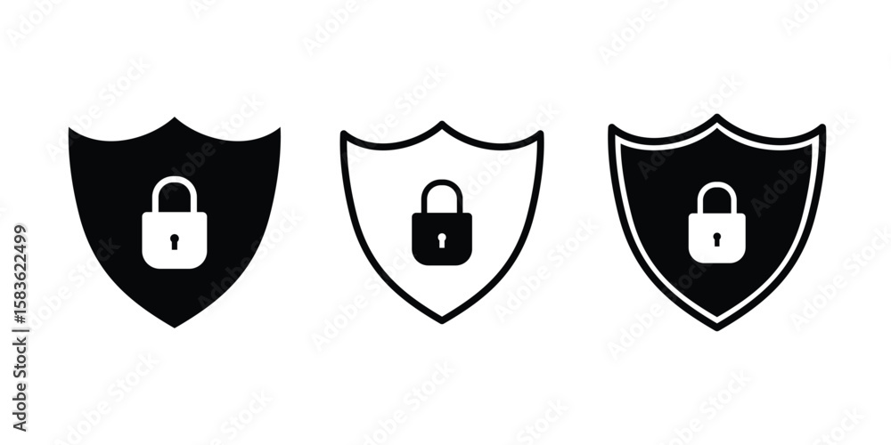 Poster set of set of minimalistic security icon featuring a padlock inside a shield, symbolizing protection