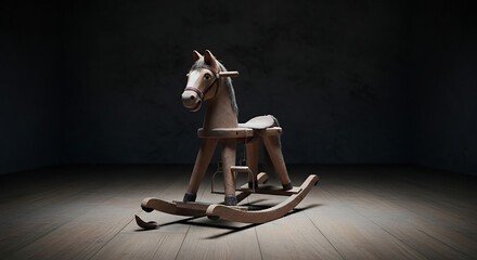 A child's wooden rocking horse, perfectly still and covered in a thick layer of dust, positioned in the center of an otherwise empty, darkened room. Its painted eyes seem to follow you, and one of its