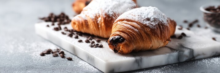Delicious croissants dusted with powdered sugar and chocolate chips sit on a marble board, showcasing a tempting pastry treat perfect for breakfast or a sweet indulgence.