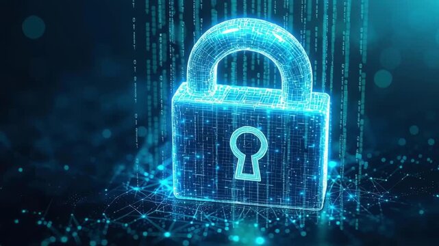 Cybersecurity concept with a digital lock on a virtual screen, glowing blue tones
