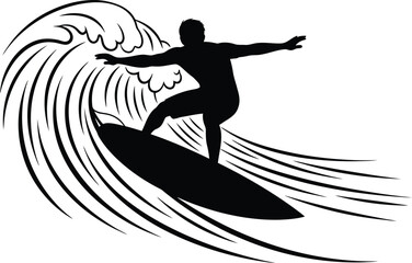 Surfer Riding Wave Silhouette - Ocean Sports Vector
