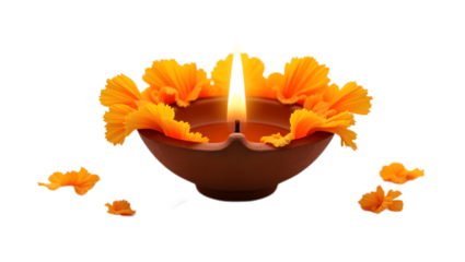 Traditional Indian diya with a glowing flame and a fresh yellow flower, isolated on transparent background. Ideal for Diwali, pooja, and cultural festive designs.