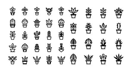 Houseplants Line Icon Set &ndash; Thin Linear Vector Pictograms of Indoor Plants, Succulents, Monstera, Potted Cactus, Bonsai, Aloe Vera, Orchid, Philodendron, and Peace Lily