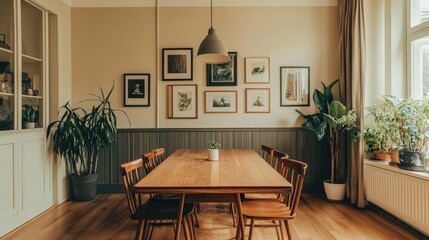Fototapeta premium Cozy Dining Room with Wooden Table and Green Indoor Plants