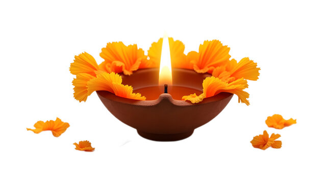 Traditional Indian diya with a glowing flame and a fresh yellow flower, isolated on transparent background. Ideal for Diwali, pooja, and cultural festive designs.