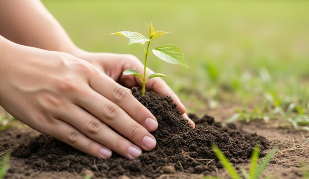 Hands planting a sapling with a handful of soil, surrounding a green lawn. An image celebrating Arbor Day.