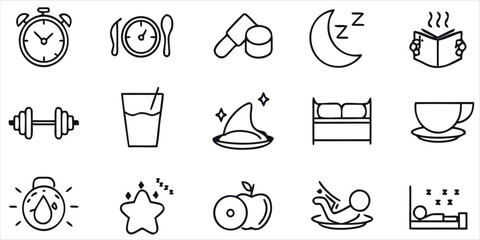 Daily Routine and Healthy Lifestyle Line Icon Set. Wellness, Sleep, and Fitness Vector Symbols.
