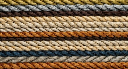 Close up of colorful braided ropes in horizontal rows