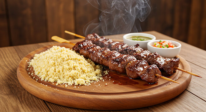 Espetinho de carne (beef skewer) grilled and glistening, served on a wooden round plate with farofa and vinaigrette on the side. Scene placed over a wooden picnic-style table 
