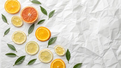 Vibrant Citrus Fruits with Leaves on Crumpled White Background