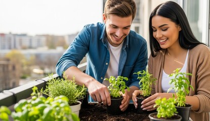 On a sunny day, on an apartment balcony. A beautiful couple cultivating their plants. It's a space with a few potted plants. They're happy that it's working out; the plants are growing healthily