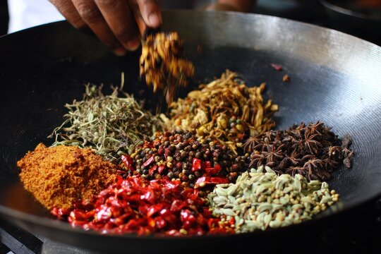 Hand adding spice to a wok filled with various herbs and spices