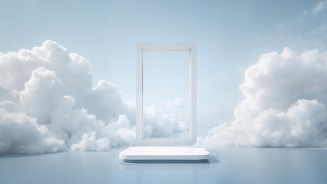 Modernistic white frame with clouds and podium