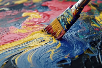 Fototapeta premium Abstract painting in progress with vibrant brushstrokes on canvas using various paint colors