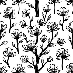 Seamless monochrome floral pattern with stylized blossoms and branches illustration
