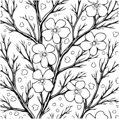Stylized Floral and Branch Pattern in Black and White Hand Drawn Illustration