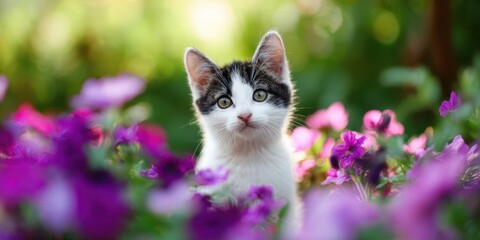 The adorable kitten surrounded by colorful blooming flowers in a beautiful garden.