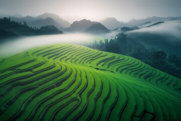 Lush green terraced fields cascade across misty mountains rice paddies
