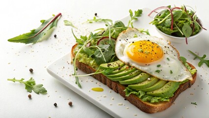 Delicious Avocado Toast with Fried Egg and Fresh Greens on Plate